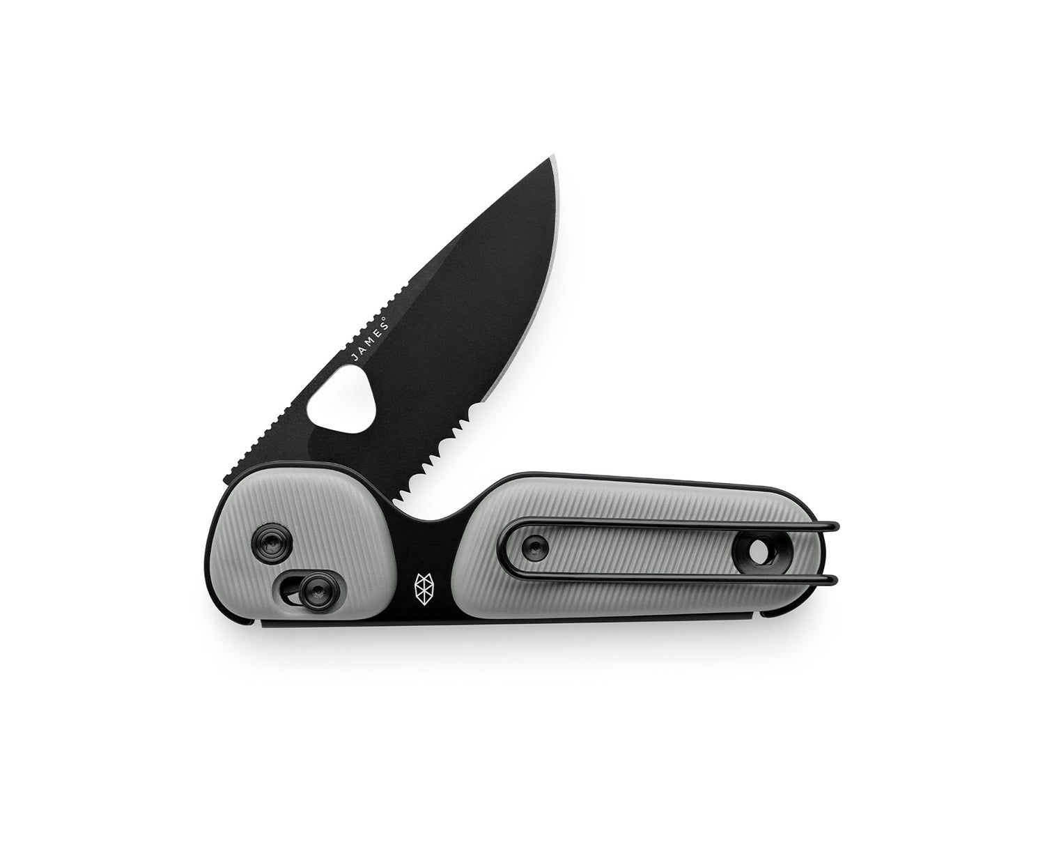 The Redstone knife with primer gray handle and serrated, black blade.