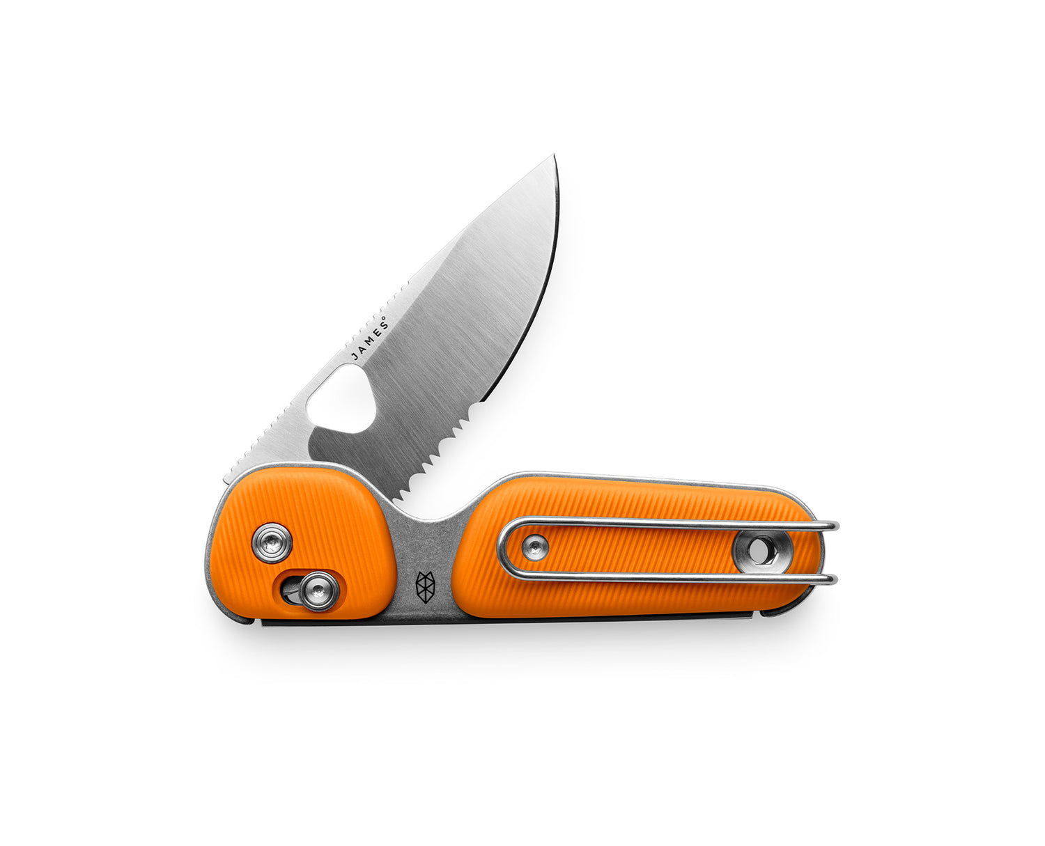 The Redstone knife with orange handle and serrated, stainless steel blade.